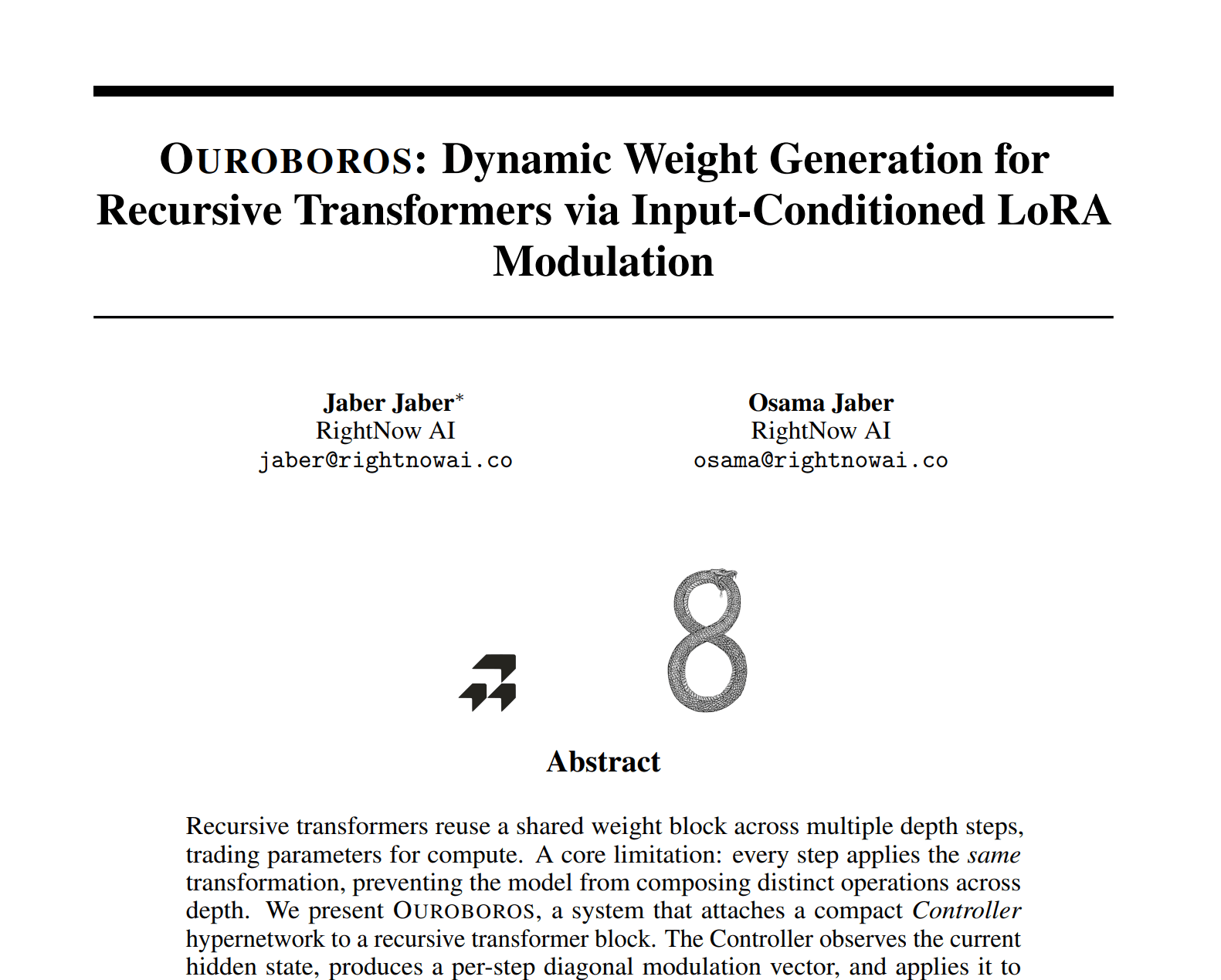 Ouroboros: Dynamic Weight Generation for Recursive Transformers via Input-Conditioned LoRA Modulation